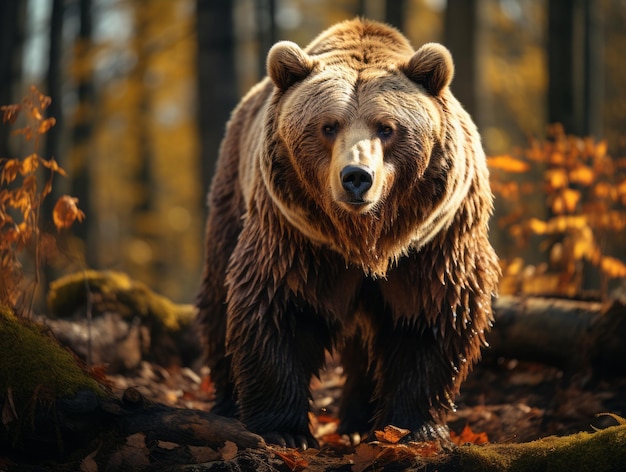 A huge bear in the autumn forest growls