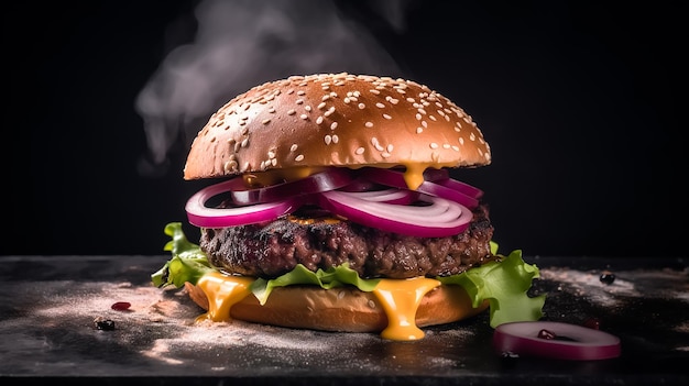 A Huge Beef burger Sandwich with a smokey background