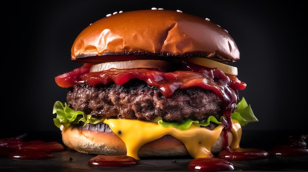 A Huge Beef burger Sandwich with a smokey background