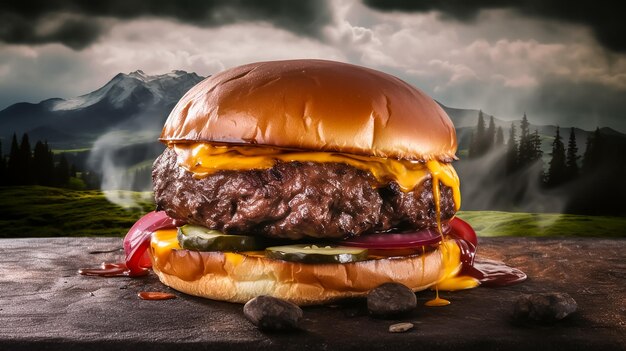 Photo a huge beef burger sandwich with a smokey background