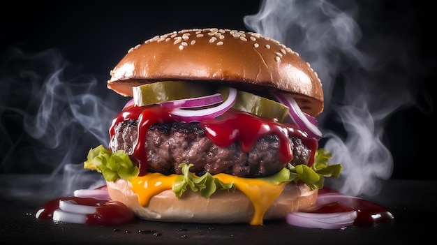 A Huge Beef burger Sandwich with a smokey background