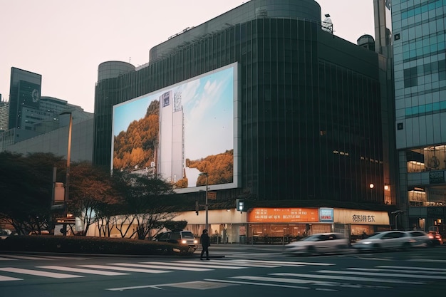 a huge billboard building on an outdoor street in the style of simple and elegant