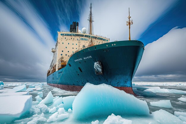 Huge blue cargo ship going to port on icebreaker