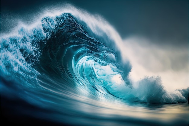 폭풍우 치는 날씨에 거대한 푸른 바다 물결 디지털 아트