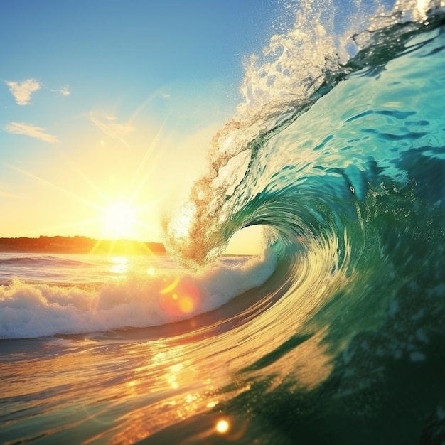 Huge breaking ocean wave at sunset