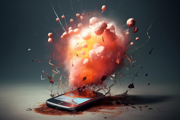 A huge broken mobile phone screen shattering explosion