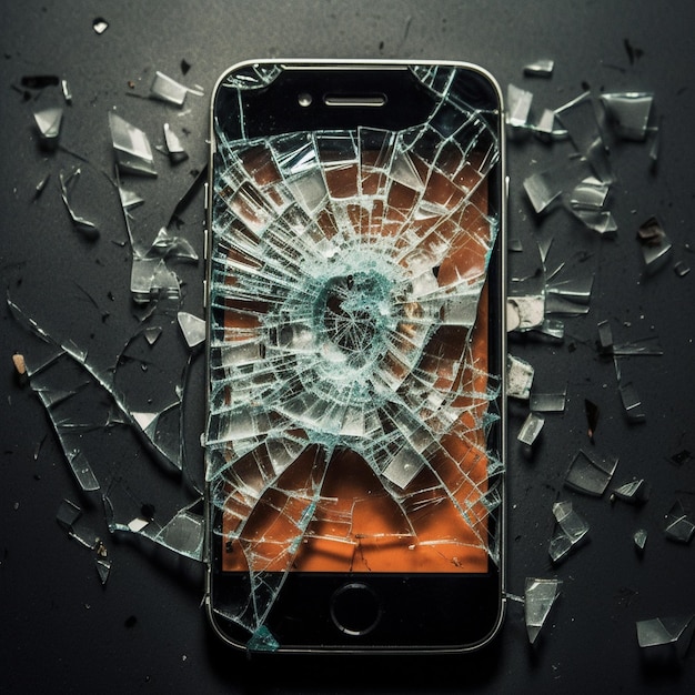 Огромный разбитый экран мобильного телефона разбил взрыв