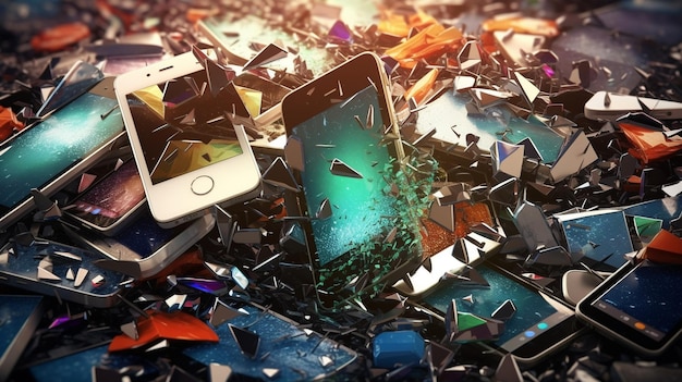 A huge broken mobile phone screen shattering explosion