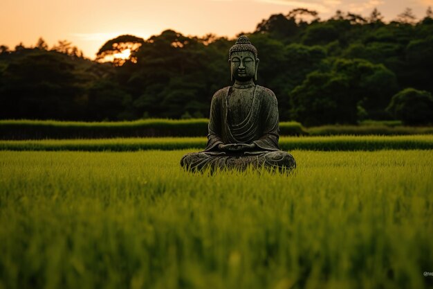 夕焼け空を背景にした巨大な青銅製の仏陀天壇仏