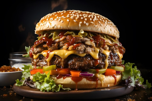 huge burger with capybara meat dark background with copy space