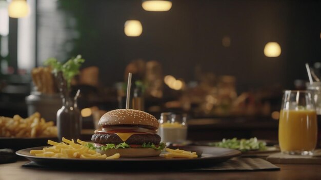 Huge burger on a wooden table with fries in the background