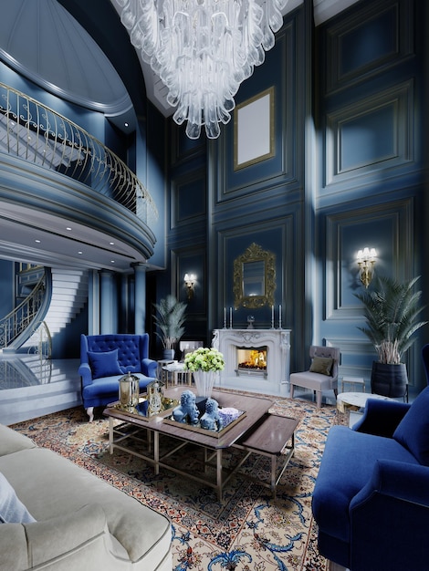 Huge classic interior of the seating area with dark blue walls with cobalt armchairs and a yellow sofa 3D rendering