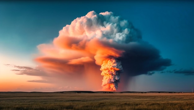 A huge cloud is being blown over a flat field