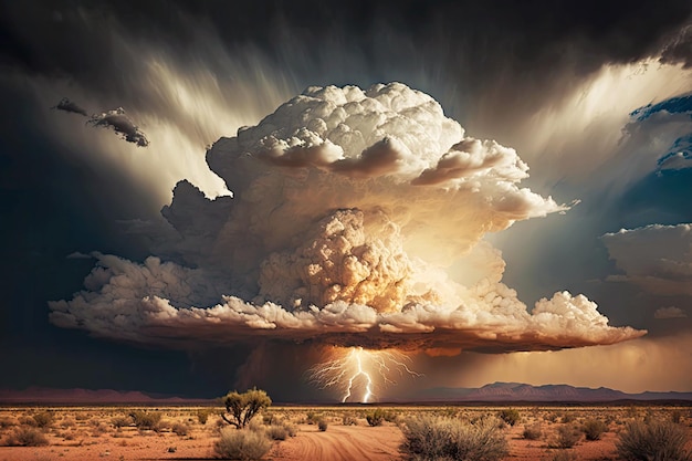 Huge cloud with lightning over desert prairies dramatic thunderstorm generative ai