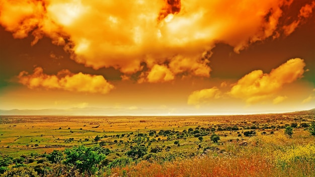 Huge clouds over a green field at dusk