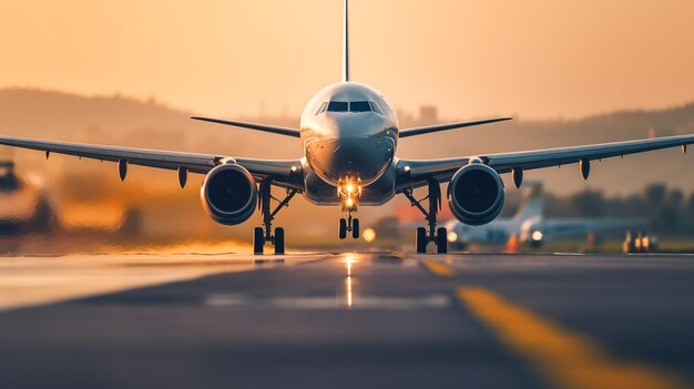 写真 低レベルのビューから撮影した巨大な民間航空機 美しい夕焼け空