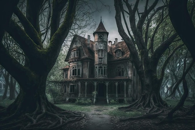 Huge creepy abandoned horror house in middle of gloomy forest