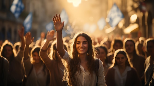 Foto enorme folla di giovani allegri con le mani alzate sotto bandiere blu e bianche che marciano lungo la strada della città orgoglio nazionale giorno dell'indipendenza di israele concetto patriottico con simbolo dello stato nazionale