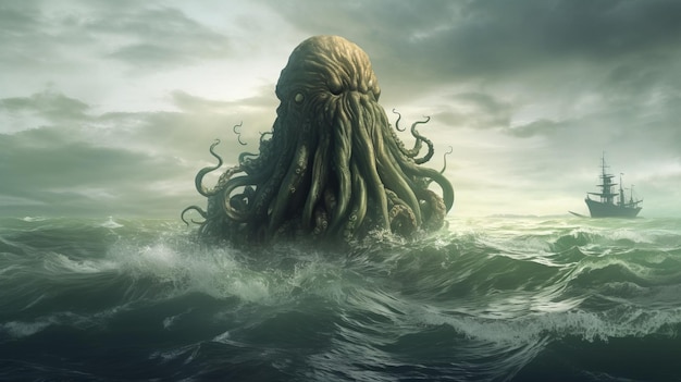 huge cthulhu in the middle of the ocean