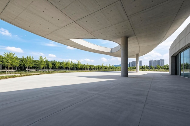 The huge curved openair roof with concrete floors has a sky backdrop