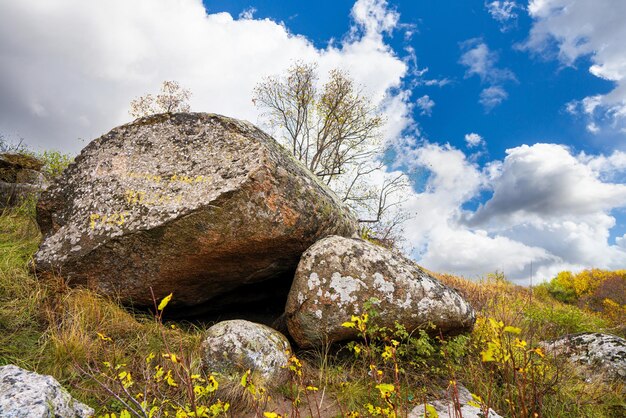 Huge deposits of stone minerals in a clearing bathed in warm sun