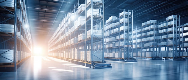 Huge Distribution Warehouse With High Shelves Kitchen With Empty Tabletop And Blurred Background Space For Copy