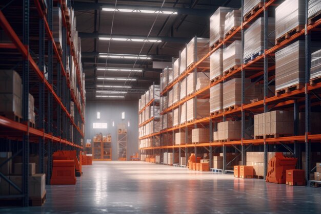 Huge distribution warehouse with high shelves and loaders Generative AI