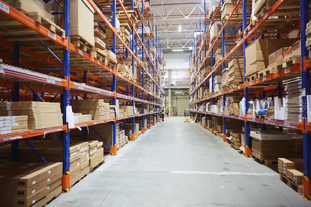 Huge distribution warehouse with high shelves and loaders.