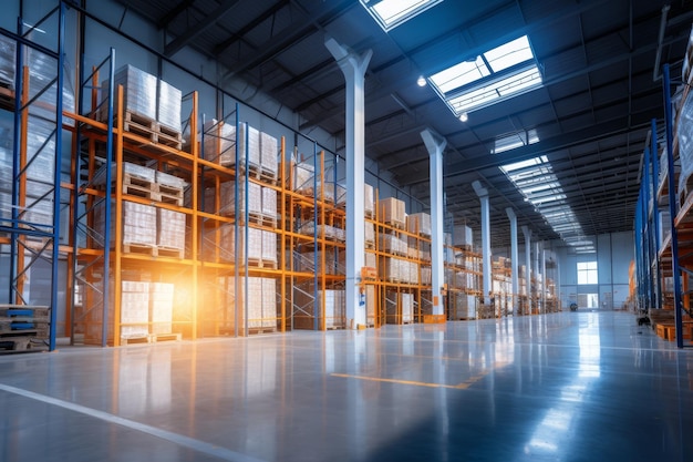 Huge distribution warehouse with high shelves