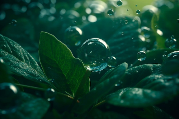 Huge drops of water on the leaves Generative AI