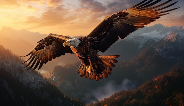 a huge eagle flying over a mountain and sky at sunset