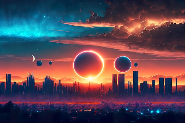 未来都市での巨大な日食 SF illustyration