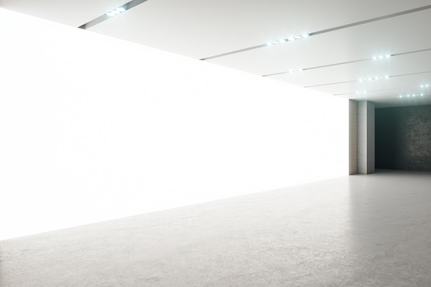Огромный пустой холл с большим пустым бетонным полом с белой стеной и светодиодными огнями наверху 3D-рендеринг макета