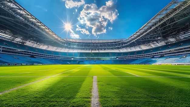 Huge and empty soccer stadium on a sunny day Green field with white lines Blue sky with white clouds