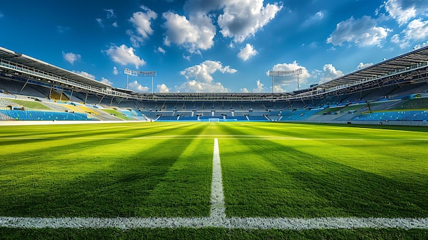 Huge and empty soccer stadium with green field and blue sky