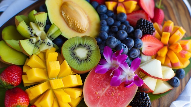 Foto un enorme piatto di frutta esotica dal buffet generative ai