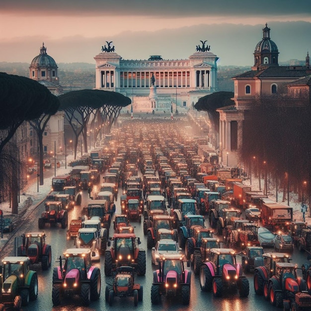 巨大ファイルの農民活動家がトラクターとトラックを運転して農業抗議のためにイタリアのローマに到着