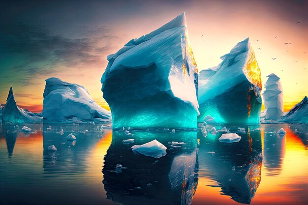 Huge floating icebergs on quiet sunset evening