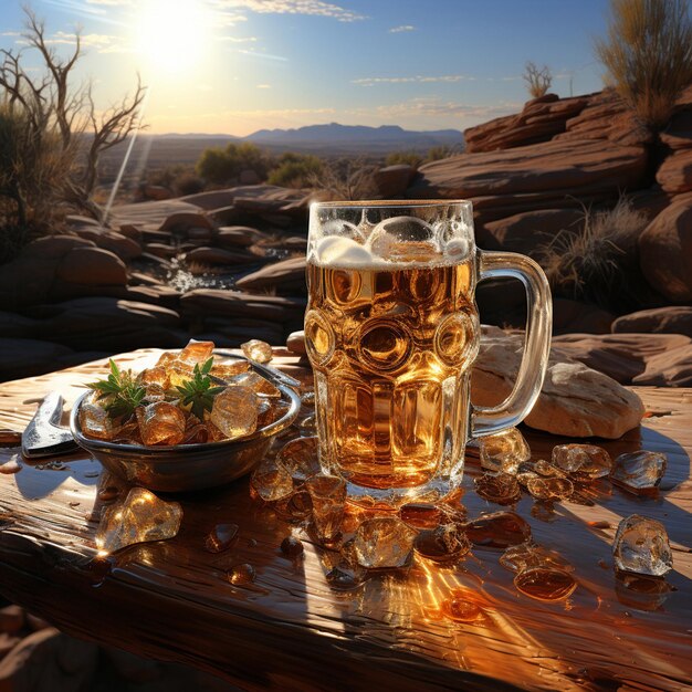 huge glass of ice cold beer set in the desert