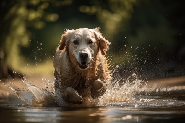 A huge golden retriever is pictured playing
