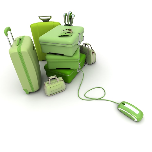 コンピューターのマウスに接続されたスーツケース、ブリーフケース、ゴルフバッグを含む巨大な緑色の荷物。