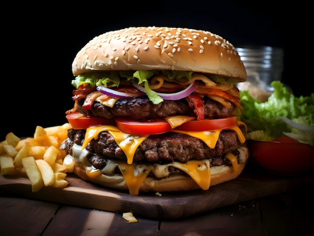 Huge grilled beef burger with fries cheese and tomato High resolution