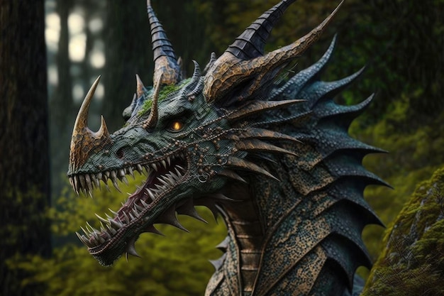 Photo huge head with open jaws and horns on forest dragons body created with generative ai