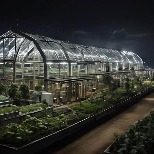 Photo a huge high tech greenhouse surrounded by many small houses at night genarated by ai