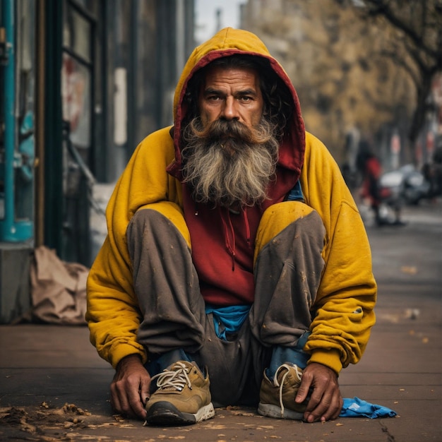 Photo a huge homeless man wearing dirty shorts and a hoodie