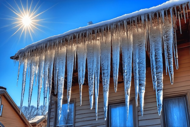 Enormi ghiaccioli pendono dal tetto della casa e brillano al sole