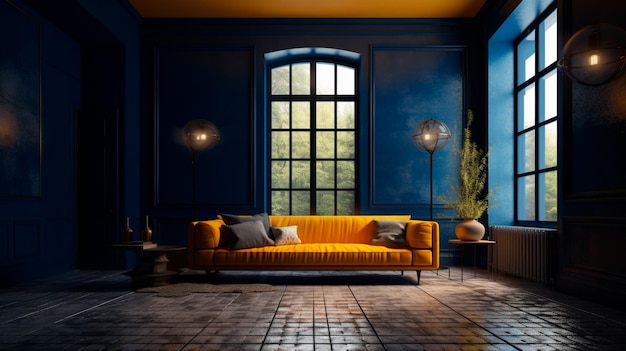 Акцентный лаунж огромной гостиной синих и желтых оттенков Темно-синяя пустая стена и ярко-желтый диван с горчичным оттенком макет современного интерьера Иллюстратор генеративного ИИ