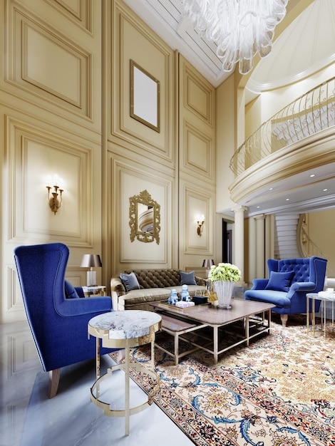 Huge luxurious living room interior in a classic style in yellow with a high ceiling and upholstered furniture with blue armchairs and a yellow sofa