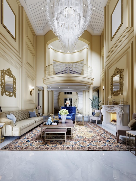 Huge luxurious living room interior in a classic style in yellow with a high ceiling and upholstered furniture with blue armchairs and a yellow sofa