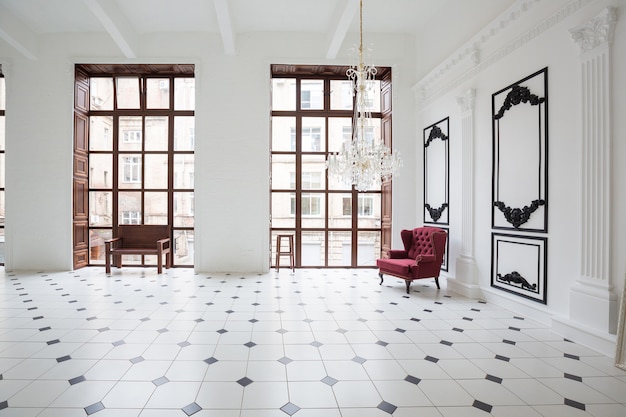 Huge luxury white hall with unique interior